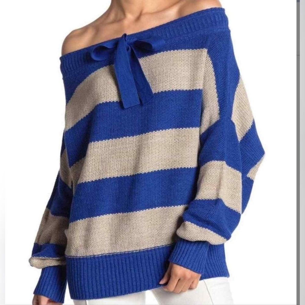 Free People Off-the-Shoulder Striped Sweater in Blue and Tan
